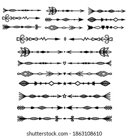 Set of isolated tribal arrows, openwork page dividers and round arrow frames black outline on white background, vector illustration, design and decoration of wedding cards, banners and logos