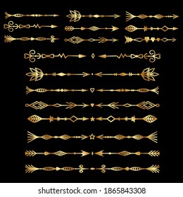 Set of isolated tribal arrows and openwork page dividers, Golden outline on a black background, vector illustration, design and decoration of wedding cards, banners and logos