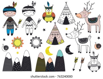 set of isolated tribal boy and animals in Scandinavian style  - vector illustration, eps
