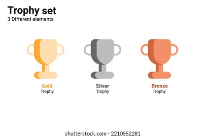 set of isolated trophy with gold, silver, and bronze combined with red ribbon which ranking of winner, first runner up, and third badge.This is useful for sport game , challenge, competition, award.