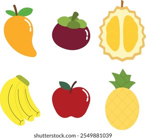 Set of isolated tropical flat fresh fruits food  organic botanical
