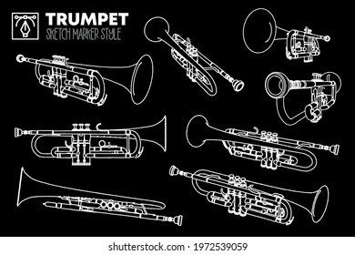Set of isolated trumpet views. Marker effect drawings. Editable color. T-shirts, posters, flyers, web. Premium vector.