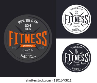 Set of isolated t-shirt badges for fitness. Gym or gymnasium training center sign with barbel. Health club advertising or ads banner. Sport gear or equipment logotype. Workout and clothing theme