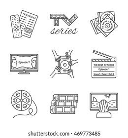 Set of isolated TV series thin lined outlined icons. Vector signs for design of apps, interfaces, web sites, banners, presentations, etc.