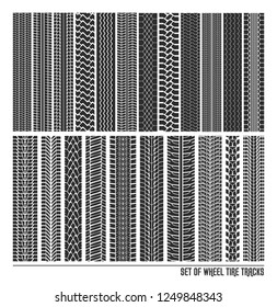 Set of isolated tyre of truck or tire of car on road asphalt. Automobile trace patterns or vehicle rubber texture. Rubber protector trail or motorcycle tread texture imprint.Automotive, off-road drive