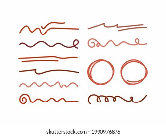 Set of isolated underlines and circles drawn by hand. Doodle, sketch. Vector illustration.