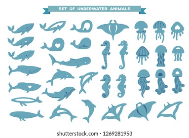 Set of isolated underwater animals - whale, dolphin, jellyfish, manta ray, seahorse on a white background. Cartoon marine wild animals.