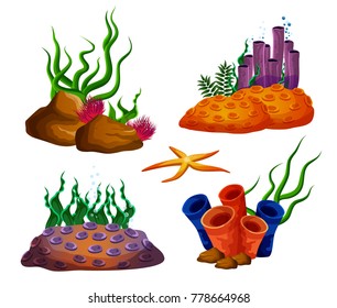 Set of isolated underwater corals or tropical ocean reefs. Aquarium nature, deep undersea wildlife with seaweed. Cartoon exotic corals. Nautical and maritime, aqua and deep water theme