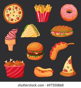 Set of isolated unhealthy fast food snack. Greasy french fries and hotdog with mustard, pizza, cheeseburger or hamburger and fried chicken, donut and ice cream. Bistro or restaurant, shop theme