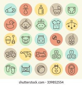 Set of Isolated Universal Minimal Simple Vintage Thin Line Baby Icons on Circular Color Buttons.