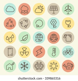 Set of Isolated Universal Minimal Simple Vintage Thin Line Ecology Icons on Circular Color Buttons.
