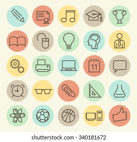 Set of Isolated Universal Minimal Simple Vintage Thin Line Education Icons on Circular Color Buttons.