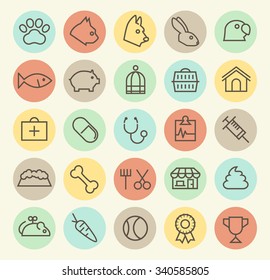 Set of Isolated Universal Minimal Simple Vintage Thin Line Veterinary Icons on Circular Color Buttons.