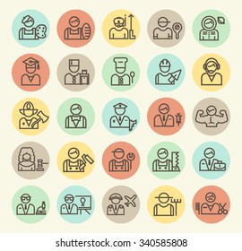 Set of Isolated Universal Minimal Simple Vintage Thin Line Professions Icons on Circular Color Buttons.