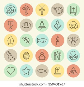 Set of Isolated Universal Minimal Simple Vintage Thin Line Christian Icons on Circular Color Buttons.
