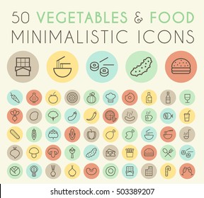 Set of Isolated Universal Minimal Simple Thin Line Vegetables and Food Icons on Circular Color Buttons.