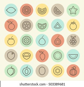 Set of Isolated Universal Minimal Simple Thin Line Fruit Icons on Circular Color Buttons.