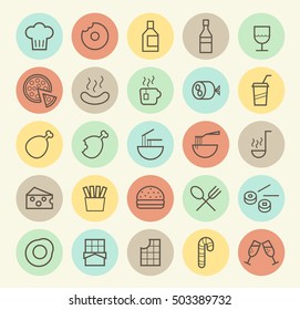 Set of Isolated Universal Minimal Simple Thin Line Food Icons on Circular Color Buttons.