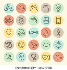 Set of Isolated Universal Minimal Simple Thin Line Valentine's Day Icons on Circular Color Buttons