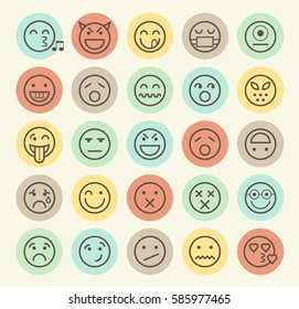 Set of Isolated Universal Minimal Simple Thin Line Emoticons on Circular Color Buttons