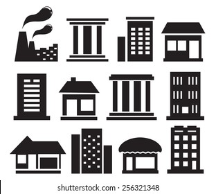 set of isolated urban building icons on white background