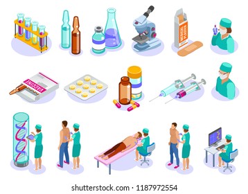 Set of isolated vaccination isometric icons with human characters of medical professionals patients and pharmaceutical drugs vector illustration