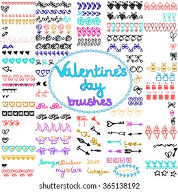 Set of isolated Valentines day brushes and doodles on white background. Hand drawn symbols and elements of love, nature, flowers, angels and hearts. 