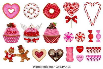 set of isolated valentine's day sweets. collection of valentine candies and cakes