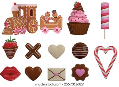 set of isolated valentine's day sweets. collection of valentine chocolates, cookies and candies