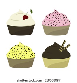 Set of  isolated vanilla cupcake with cherry, chocolate cupcake with wafer rolls, strawberry and citrus cupcakes with chocolate sprinkles.