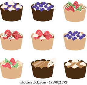 Set of isolated vanilla cupcake with chocolate and strawberry, blueberry with chocolate sprinkles. Vector illustration