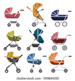 Set Of Isolated Variety Of Baby Or Child Carriage, Infant Wagon Or Buggy With Wheels, Perambulator Or Pram, Newborn Cradle Or Icon Of Toddler Or Kid Folding Transport. Mother Walk And Maternity Theme