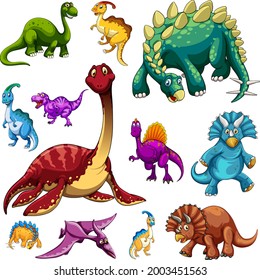 Conjunto aislado de varios dinosaurios caricaturista sobre ilustración de fondo blanco