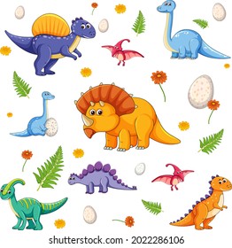 Set of isolated various dinosaurs cartoon character on white background illustration