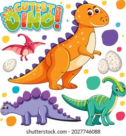 Set of isolated various dinosaurs cartoon character on white background illustration