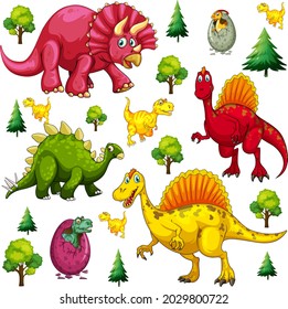 Set of isolated various dinosaurs cartoon character on white background illustration