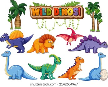 Set of isolated various dinosaurs cartoon character on white background illustration