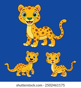 Set of isolated various Leopards cartoon characters on Blue background
