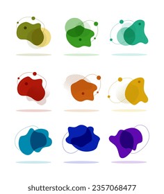 Set isolated Vector abstract dynamic blots for modern style designs. Geometric shapes purple, blue, red, orange, yellow, green, aquamarine fluid blob, liquid stain for backdrop, card, pattern, flyer.