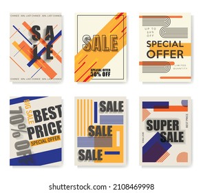 Set of isolated vector abstract sale banners in retro style with geometric shapes and text.