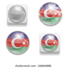Set Isolated Vector Azerbaijani flag made in form of realistic volume glass button plastic-based on white background. Use for brochures, printed materials, element, web site, Illustration, Image, Icon