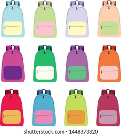 Set of isolated vector backpacks in different colors. Designs of bags, objects for back to school