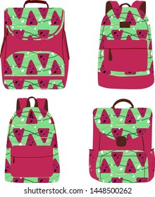 Set of isolated vector backpacks with watermelons print. Designs of bags, objects for back to school