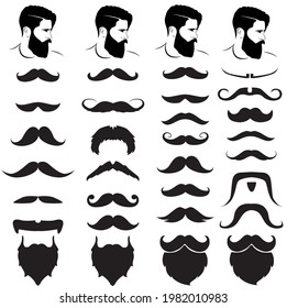 Set of isolated vector Beard style. Beards and mustaches types. barber big collection. Silhouette vintage beard and mustache. Barber cartoon black beard label. Hipster style barber beard icon.