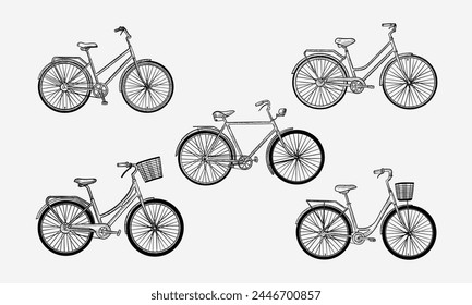 Conjunto de boceto de bicicleta de Vector aislado. Retro o bicicleta vintage. Anciano y mujer vehículo deportivo y de campo. Transporte grabado dibujado a mano. Dibujo de lápiz de transporte de ruedas. Viajar y montar a caballo