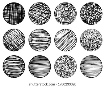 Set of isolated vector black grunge textured ink brush geometric circles. Dirty scratched hand drawn round shapes collection for graphic design, decoration