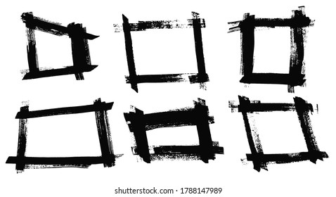 Conjunto de marcos cuadrados geométricos de pincel de tinta de arañazos negros vectoriales aislados. Colección de bordes de líneas pológicas de inky con textura a mano para diseño gráfico, decoración