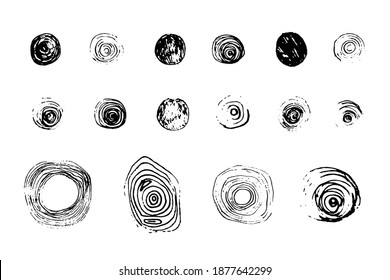 Set of isolated vector black grunge textured ink brush geometric round shapes. Dirty scratched hand drawn circles collection for graphic design, decoration