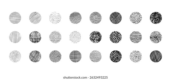 Set of isolated vector black grunge hitting and stroking textured ink pen round shapes. Unique squiggle scratched hand drawn curve texture circles collection for graphic design, patterns