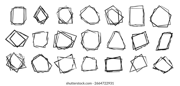 Set of isolated vector black grunge scratch and squiggle ink brush stroke geometric square and rhombus frames. Dirty hand drawn polygonal textured line borders for graphic design, logo, label